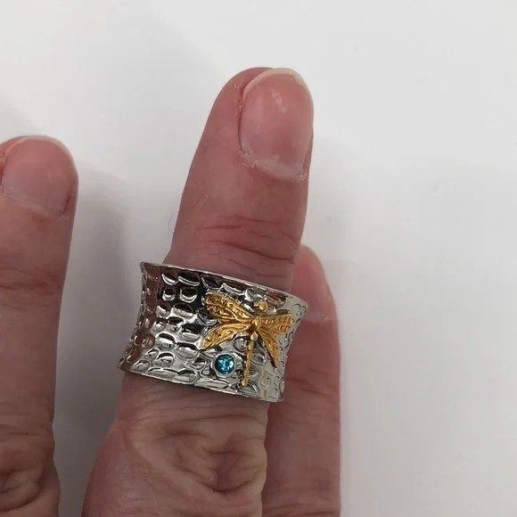 Dragonfly Ring Thumb Ring Silver Tone Hammered Look Unisex - Picture 11 of 13